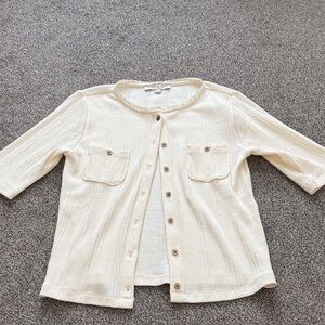 LOFT Women’s Cream Ribbed Button Front Top Short Sleeve Size M New